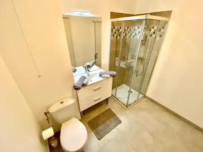 a bathroom with a shower and a toilet and a sink at PAUL DOUMER #1 By SCLS Locations in Le Cannet
