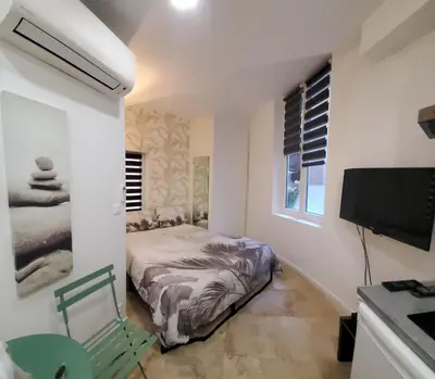a bedroom with a bed and a flat screen tv at STUDIO CENTRE CANNES FORVILLE in Cannes