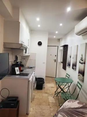 a kitchen with a counter and a table in it at STUDIO CENTRE CANNES FORVILLE in Cannes