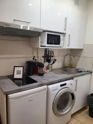 a kitchen with a washing machine and a microwave at STUDIO CENTRE CANNES FORVILLE in Cannes