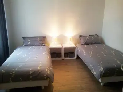 two beds sitting next to each other in a room at Lovely one bedroom apartment Gambetta Cannes in Cannes