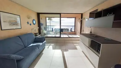 a living room with a couch and a view of the ocean at Les terrasses in Cannes