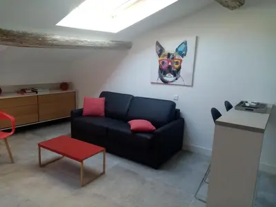 a living room with a black couch and a painting of a dog at Studio cosy à côté du Palais des festivals in Cannes