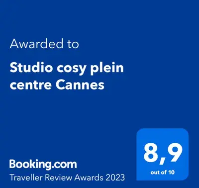 a screenshot of a cell phone with the text awarded to studio cozy train centre games at Studio cosy à côté du Palais des festivals in Cannes