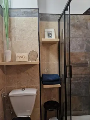 a bathroom with a toilet and a glass shower door at Apartment Rue St Antoine in Cannes