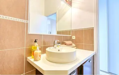 a bathroom with a sink and a mirror at Le Capri - Studio Wifi Californie in Cannes
