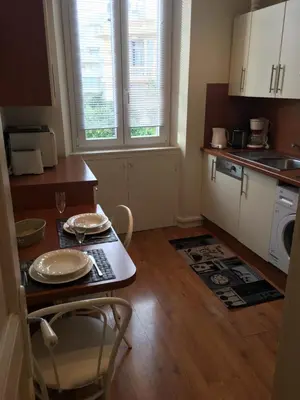 a kitchen with a table and chairs in a kitchen at 2 pièces cannes centre in Cannes