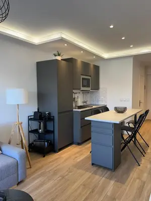 a kitchen and living room with a table and a couch at Cosy 2 bedrooms apartment Croisette in Cannes