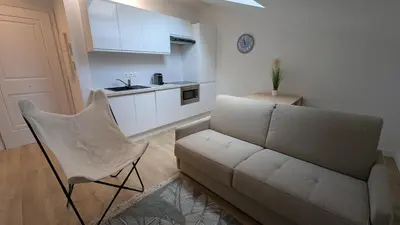 a living room with a couch and a kitchen at La Fontaine in Cannes