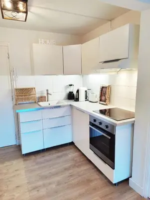 a kitchen with white cabinets and a black stove top oven at Garden Flat in Cannes in Cannes