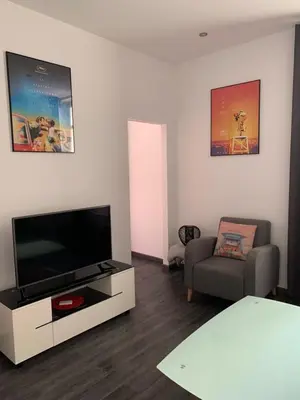 a living room with a flat screen tv and a couch at Appartement 2 pièces centre ville Cannes in Cannes