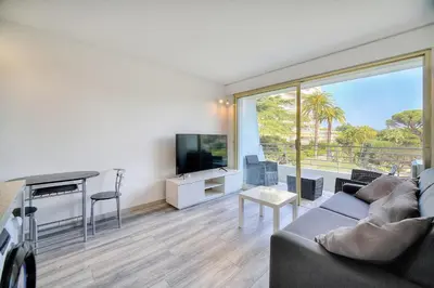 a living room with a couch and a flat screen tv at IMMOGROOM - Pool - Terrace - Parking - Air conditioning - NO WIFI in Cannes