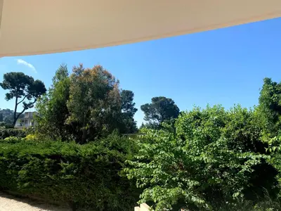 a window view of trees and a blue sky at Cannes center parking very calm California neighborhood in Cannes