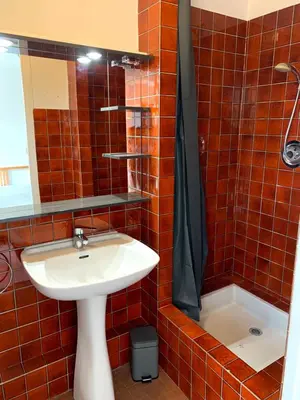 a bathroom with a sink and a mirror at Cannes center parking very calm California neighborhood in Cannes