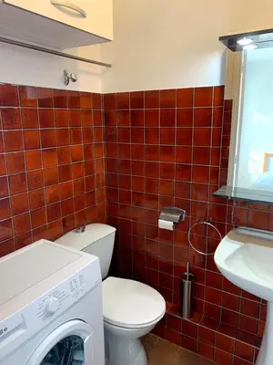 a bathroom with a toilet and a washing machine at Cannes center parking very calm California neighborhood in Cannes