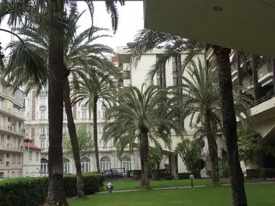 a group of palm trees in front of a building at jardins croisette PRES CROISETTE in Cannes