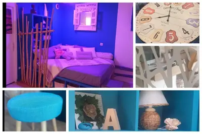 a collage of four pictures of a room with purpleitures at Luxurious Studio in Cannes 450m from sea with Terrace and Air Conditioning and private Parking in Cannes