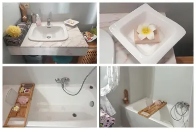 four pictures of a bathroom with a sink and a bath tub at Luxurious Studio in Cannes 450m from sea with Terrace and Air Conditioning and private Parking in Cannes