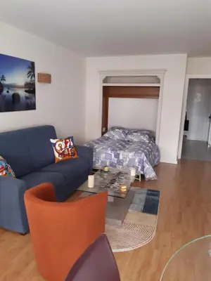 a living room with a couch and a bed at SPACIEUX STUDIO 37m2 - Terrasse VUE MER in Cannes