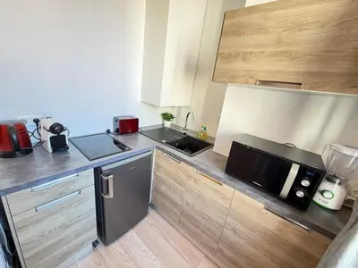 a small kitchen with a sink and a microwave at Beautiful studio Cannes Center in Cannes