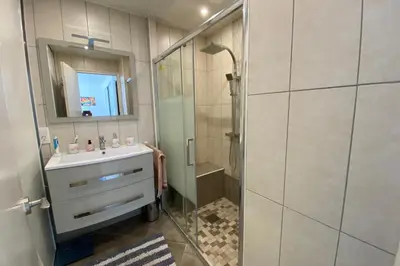 a bathroom with a shower and a sink and a mirror at 2 rooms facing south 300m from the Croisette LIVE IN LE BOSQUET in Cannes