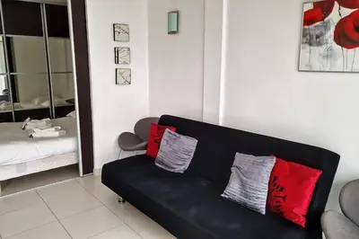 a black couch in a living room with two pillows at HENRI CAMILLE REAL ESTATE - Rouaze - Studio 50m Croisette in Cannes
