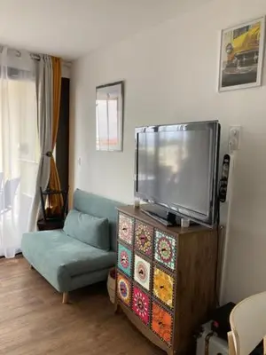 a living room with a flat screen tv and a couch at Profitez du Festival du Soleil de Cannes in Cannes