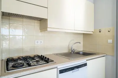a kitchen with a stove and a sink at Palm beach- Free Wifi- Parking- Sea View in Cannes