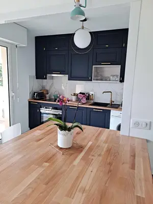 a kitchen with black cabinets and a wooden table with a potted plant at HENRI CAMILLE RE - Passy 2 -Beautiful one bedroom swimming pool and parking in Cannes