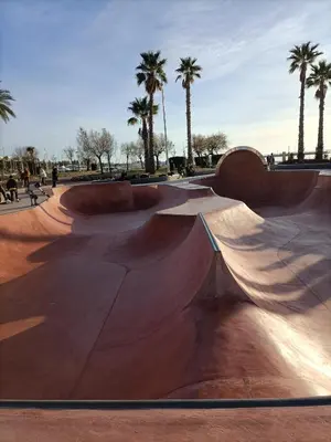 a skate park with a skateboard ramp with palm trees at Le St Nicolas in Cannes