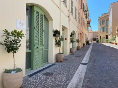 an empty street with green doors and potted plants at Sunflower apartments in Cannes