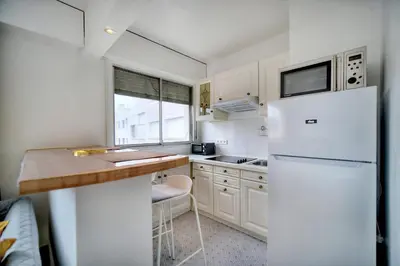 a kitchen with a white refrigerator and a counter at IMMOGROOM - Cosy - California - Close to everything in Cannes