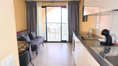a kitchen and a living room with a couch at Appartement 607, vue mer, 4 personnes By Palmazur Vacances in Cannes