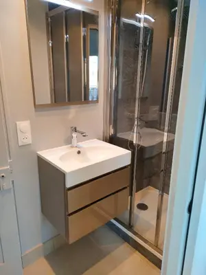 a bathroom with a sink and a shower at 3 rooms, 2 bathrooms, in a villa. Lightfull, quiet and charm in Cannes
