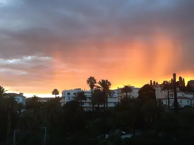 a sunset over a city with palm trees and buildings at ÉVÈNEMENTS CANNES in Cannes