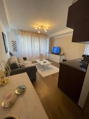 a living room with a couch and a table at Studio Ipanema in Cannes