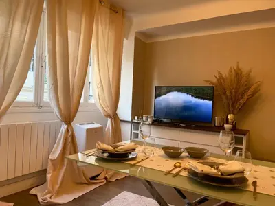 a living room with a table and a television at Studio Ipanema in Cannes
