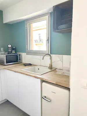 a small kitchen with a sink and a window at Excellent emplacement: plein cœur de ville, Croisette et rue d’Antibes in Cannes