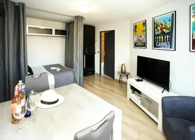 a living room with a couch and a table and a television at Cannes Studio Centre GAMBETTA in Cannes