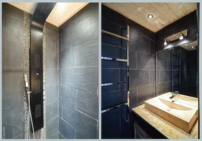 two pictures of a bathroom with a sink at Superbe appartement vue dégagée sur des jardins in Cannes