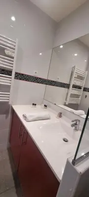 a bathroom with a white sink and a mirror at Cannes Hoche Apartment in Cannes