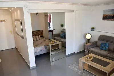 a living room with a couch and a table at Magnifique Appartement 2 pièces au calme in Cannes