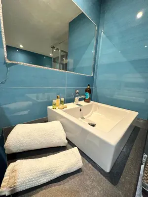 a bathroom with a white sink and a mirror at Appt lumineux et spacieux au cœur de Cannes in Cannes