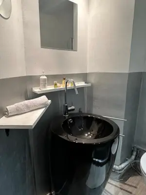 a bathroom with a black sink and a mirror at Appt lumineux et spacieux au cœur de Cannes in Cannes