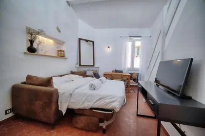 a bedroom with a bed and a flat screen tv at IMMOGROOM - Cosy - Renovated duplex - Close to the beach in Cannes