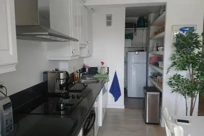 a kitchen with a black counter top and a refrigerator at Spacious 70 m flat with Balcony and sea view! in Cannes