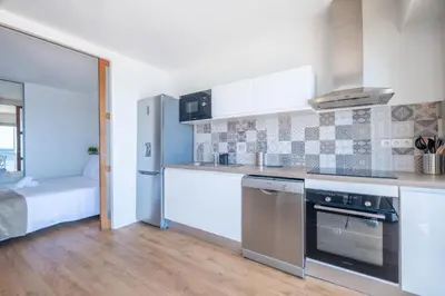 a kitchen with a stove and a refrigerator at RARE! 2-Br Seafront Apartment in Cannes