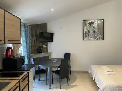 a room with a kitchen and a table and a bed at Studio Suquet 3 in Cannes