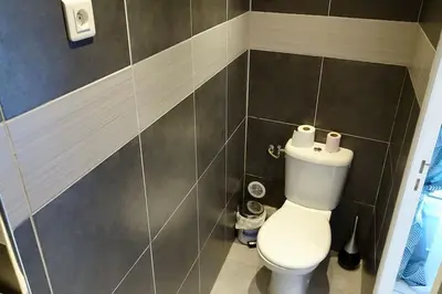a bathroom with a white toilet in a room at Studio Suquet 3 in Cannes