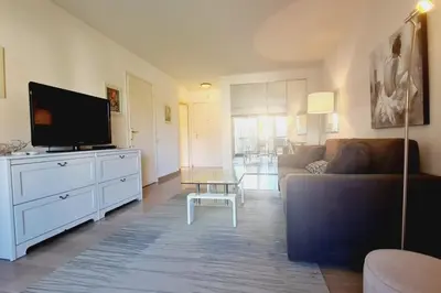 a living room with a couch and a flat screen tv at Cannes Conseil Immo -Résidence avec piscine, appartement avec terrasse pour 4 personnes in Cannes